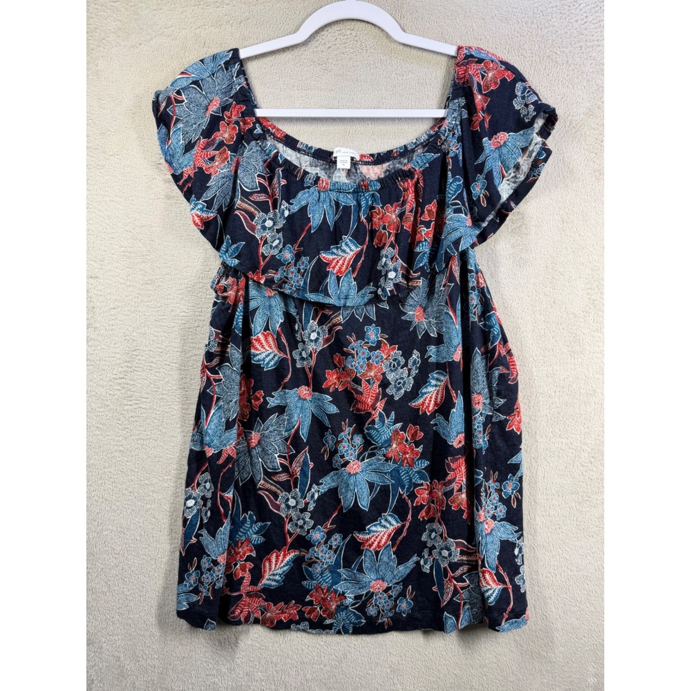 J. Jill Love Linen Top Women XL Blue Red Floral Off Shoulder Ruffle Resortwear